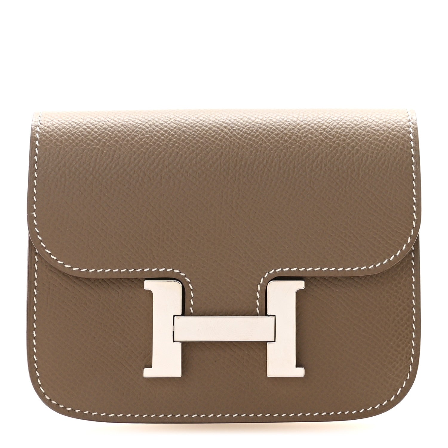 Hermes Constance slim wallet in taupe leather with cream H clasp and flap