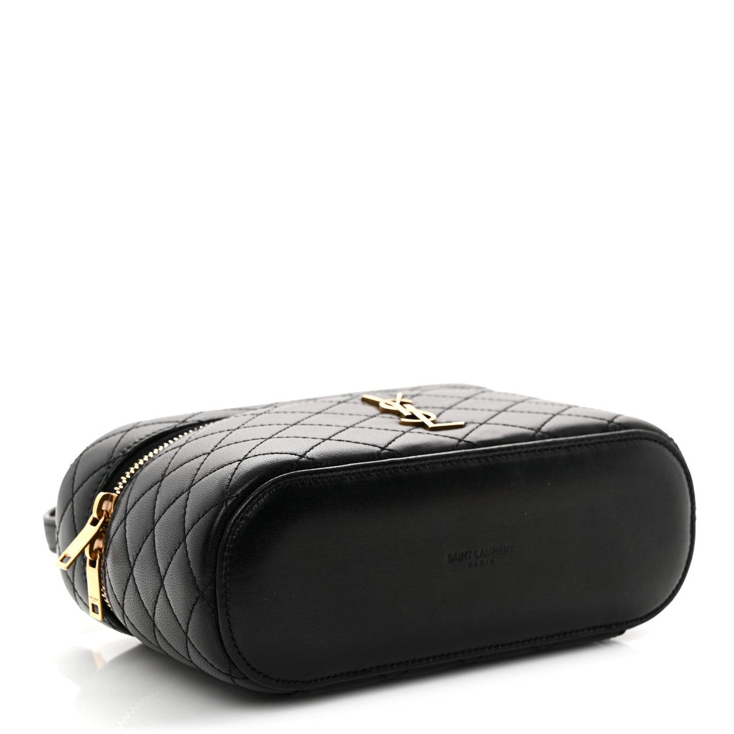Saint Laurent mini quilted lambskin vanity case, black with rounded top and gold zipper pull