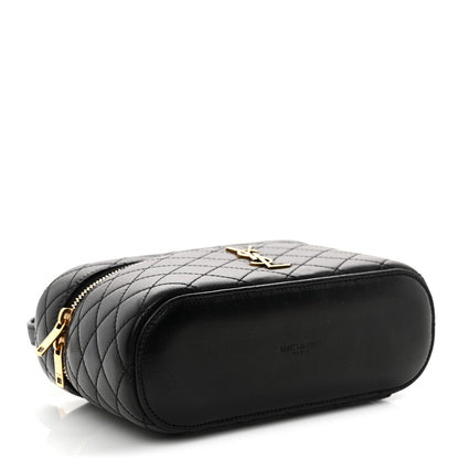 Saint Laurent mini quilted lambskin vanity case, black with rounded top and gold zipper pull