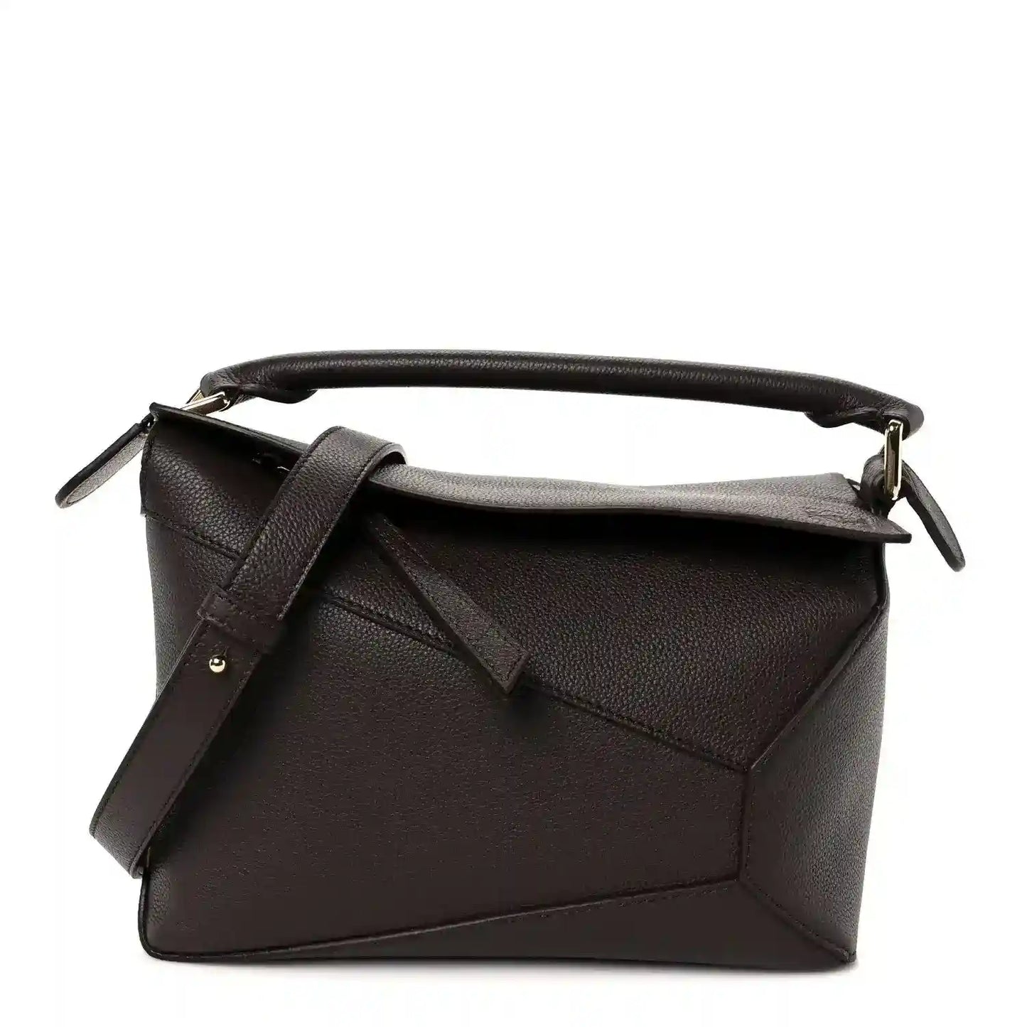 Dark chestnut grained leather small zip-top crossbody bag with top handle and strap