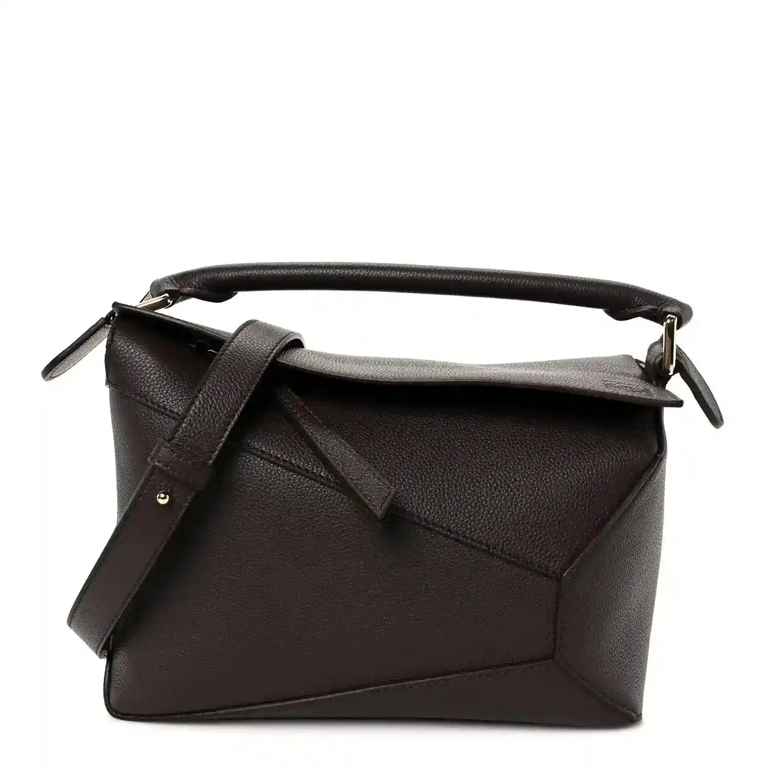 Dark chestnut grained leather small zip-top crossbody bag with top handle and strap
