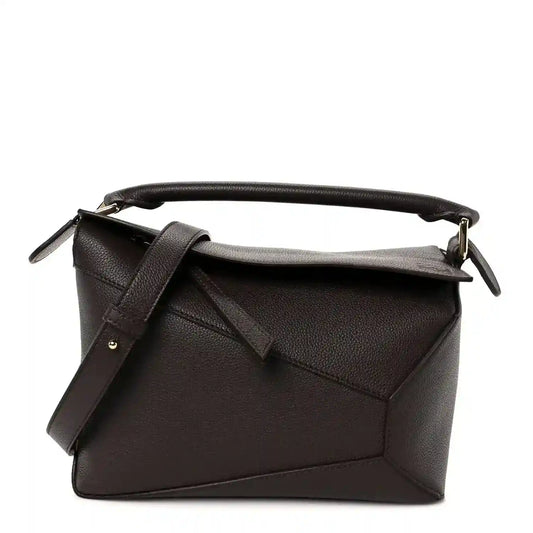 Dark chestnut grained leather small zip-top crossbody bag with top handle and strap