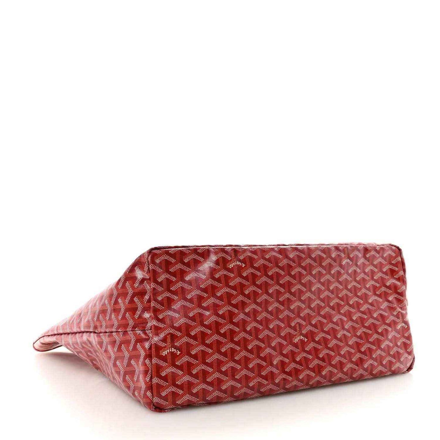 Red Goyardine canvas bag with Goyard pattern and rounded bottom.