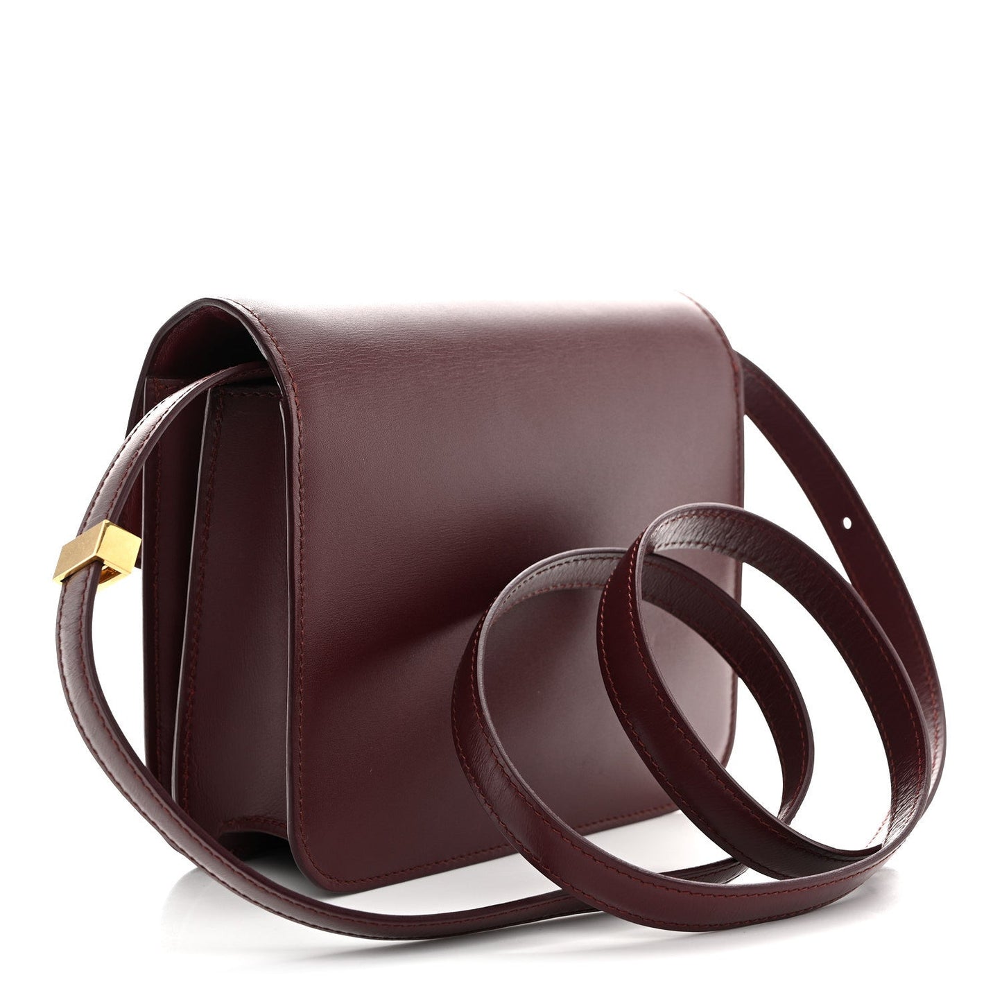 Burgundy leather box flap bag with curved shoulder strap and gold-tone clasp hardware.