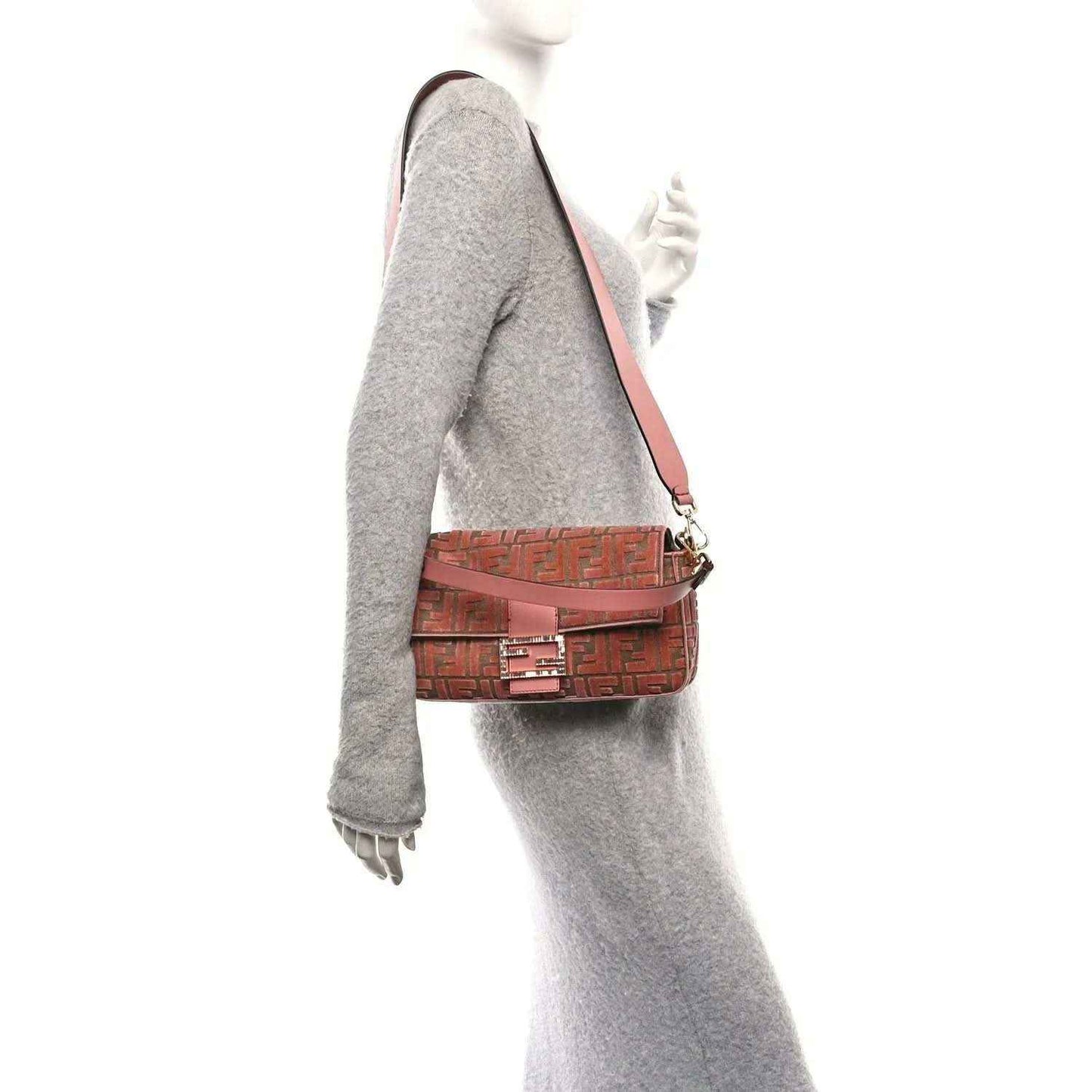 Fendi velvet jacquard baguette shoulder bag in macaron pink with FF logo pattern