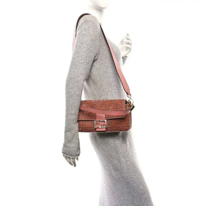 Fendi velvet jacquard baguette shoulder bag in macaron pink with FF logo pattern