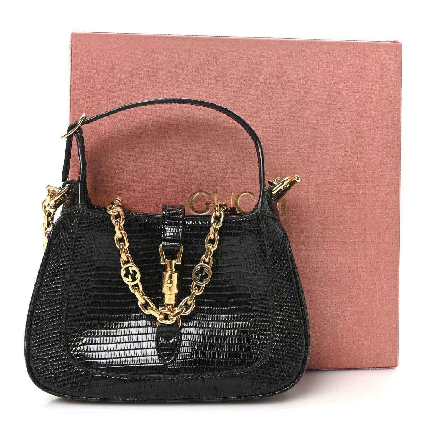 Gucci lizard mini Jackie handbag in black exotic leather, gold chain strap, front clasp