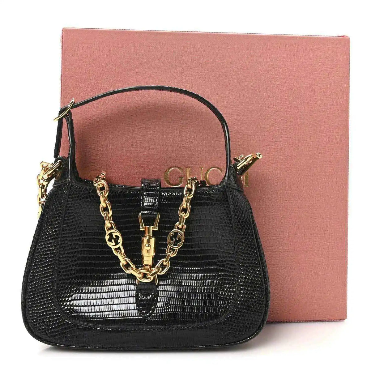 Gucci lizard mini Jackie handbag in black exotic leather, gold chain strap, front clasp