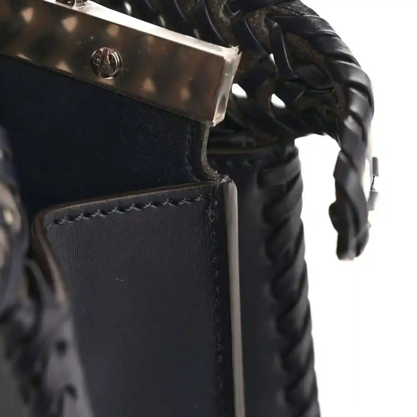 Midnight blue nappa satchel front clasp with braided trim and metal hardware