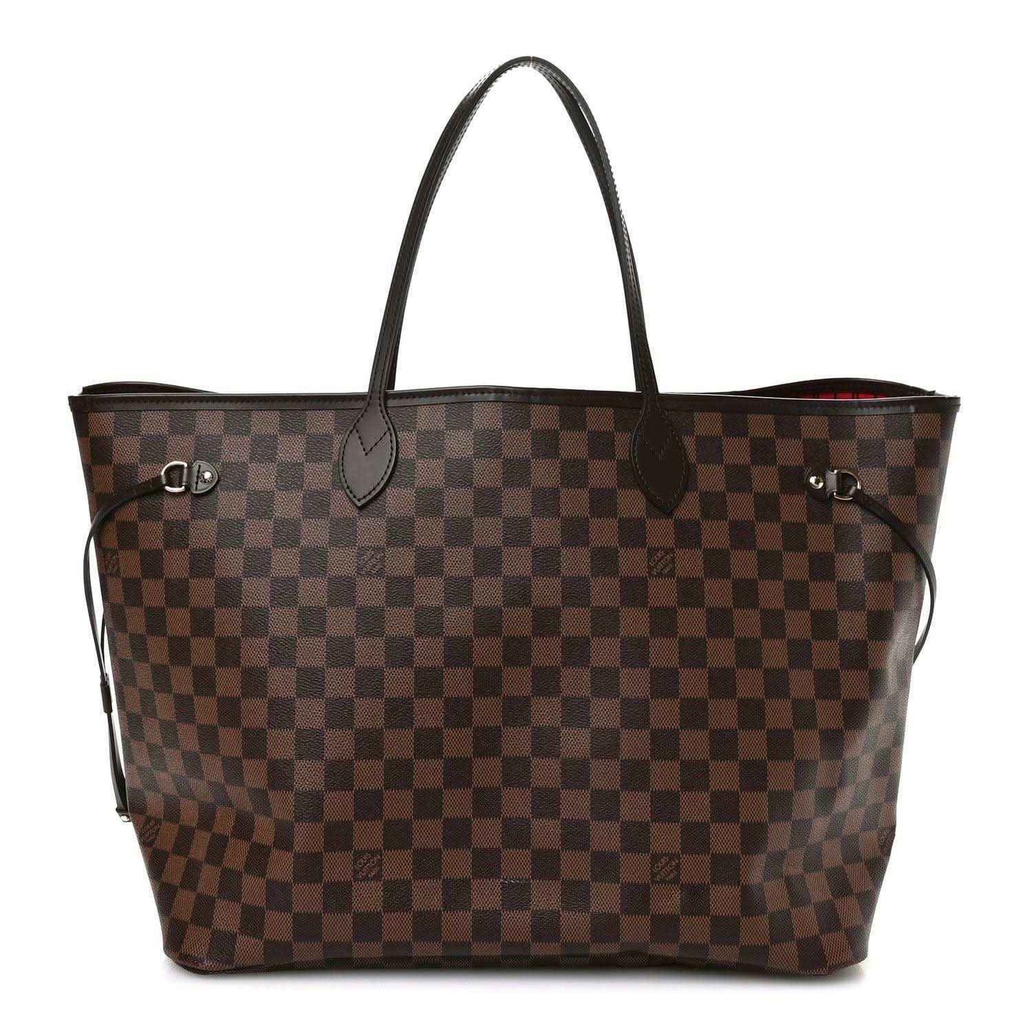 Damier Ebene canvas tote bag with dark leather top handles and front metal clasp pockets