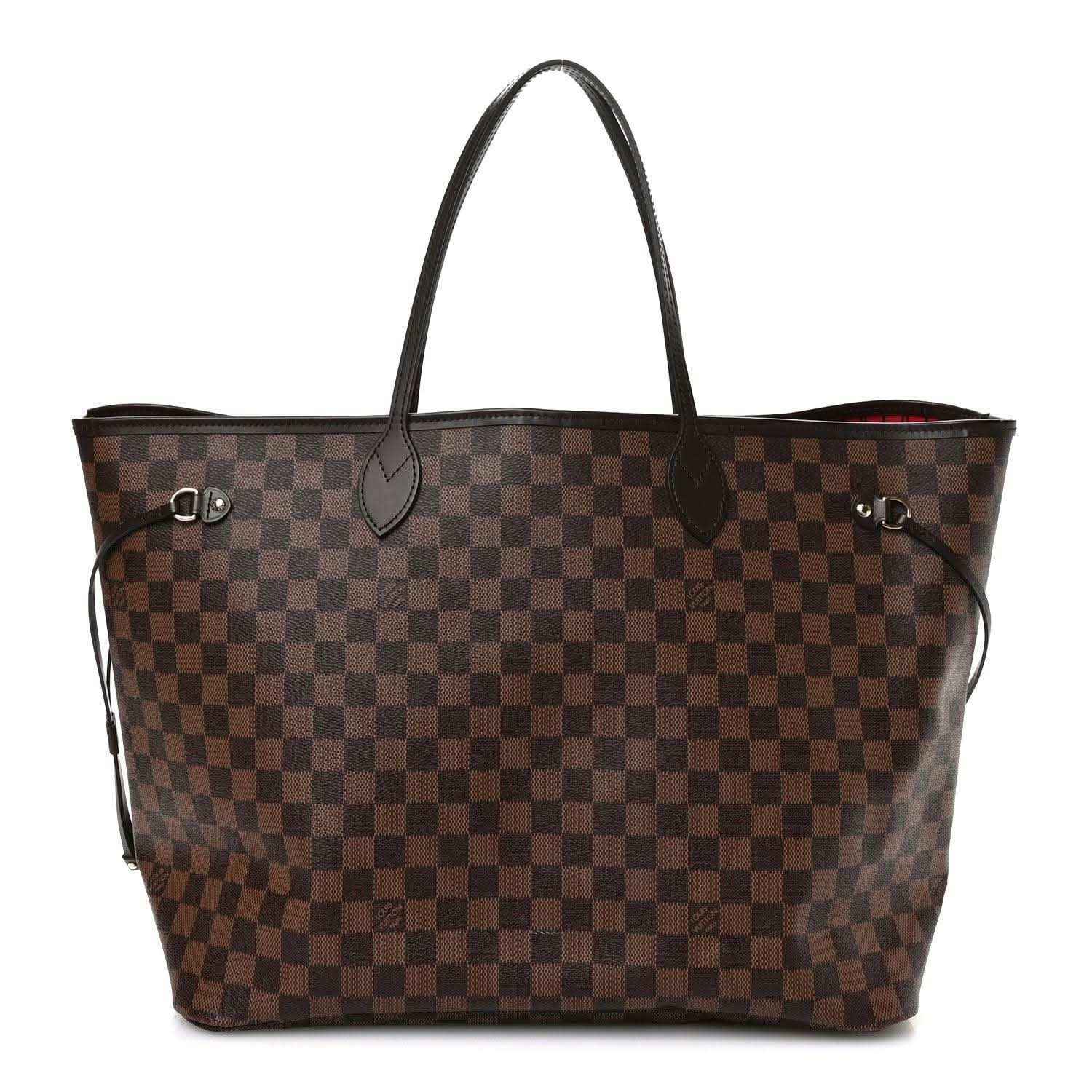 Damier Ebene canvas tote bag with dark leather top handles and front metal clasp pockets