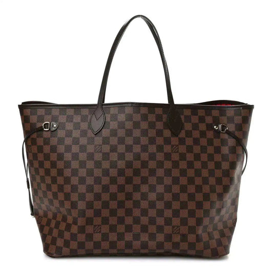 Damier Ebene canvas tote bag with dark leather top handles and front metal clasp pockets