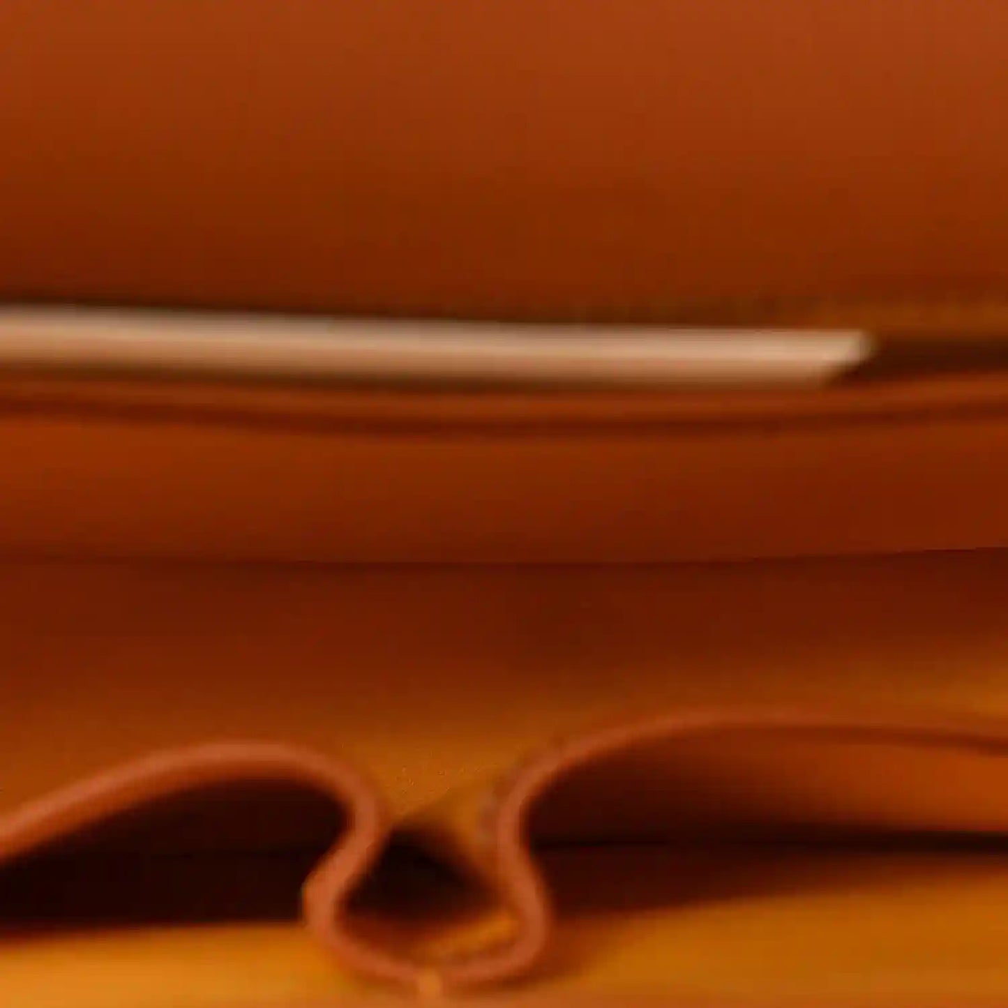Belvedere II PM messenger bag close-up of brown top tab and stitched edge