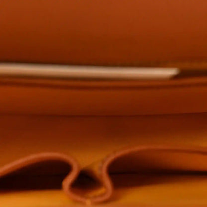 Belvedere II PM messenger bag close-up of brown top tab and stitched edge
