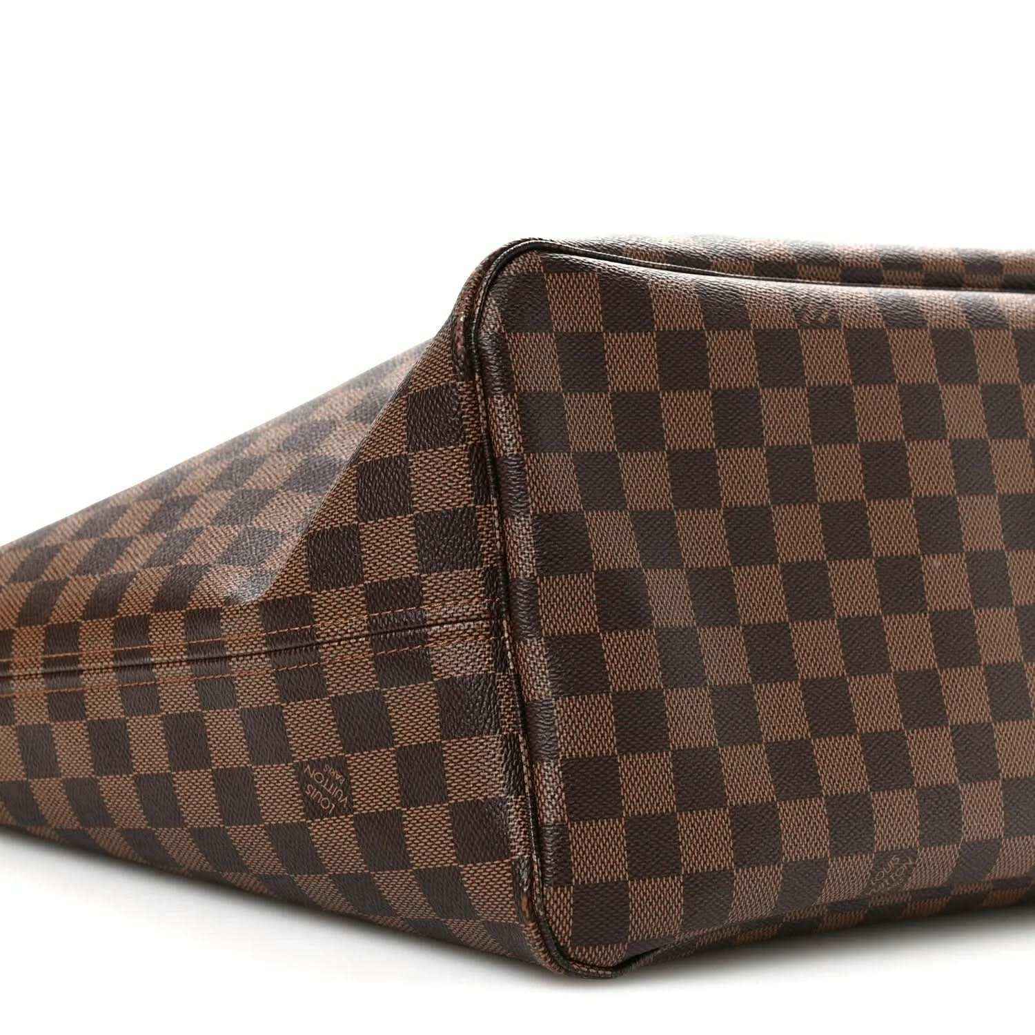 Damier Ebene canvas tote bag close-up of side panel with dark trim and stitched seam
