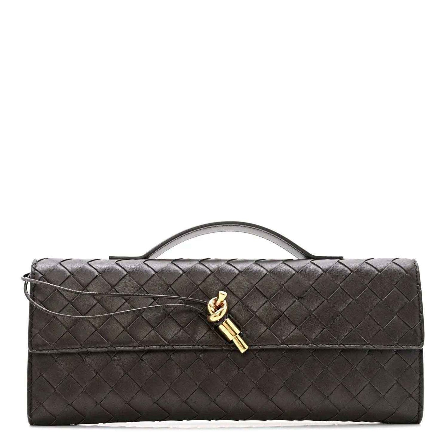 Quilted nappa leather clutch bag with intrecciato pattern and top handle, dark tone