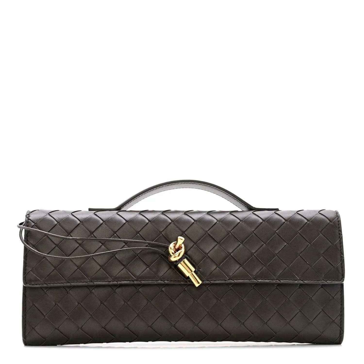 Quilted nappa leather clutch bag with intrecciato pattern and top handle, dark tone