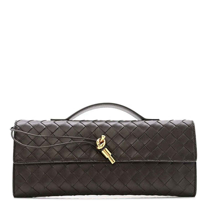 Quilted nappa leather clutch bag with intrecciato pattern and top handle, dark tone