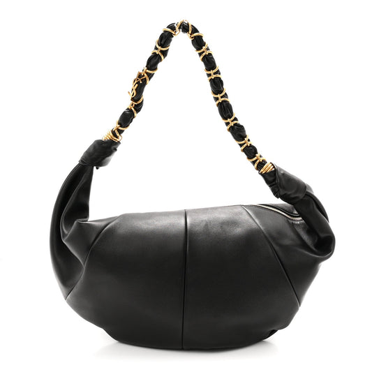 Saint Laurent lambskin small Amalia hobo bag, black, braided handles, rounded silhouette
