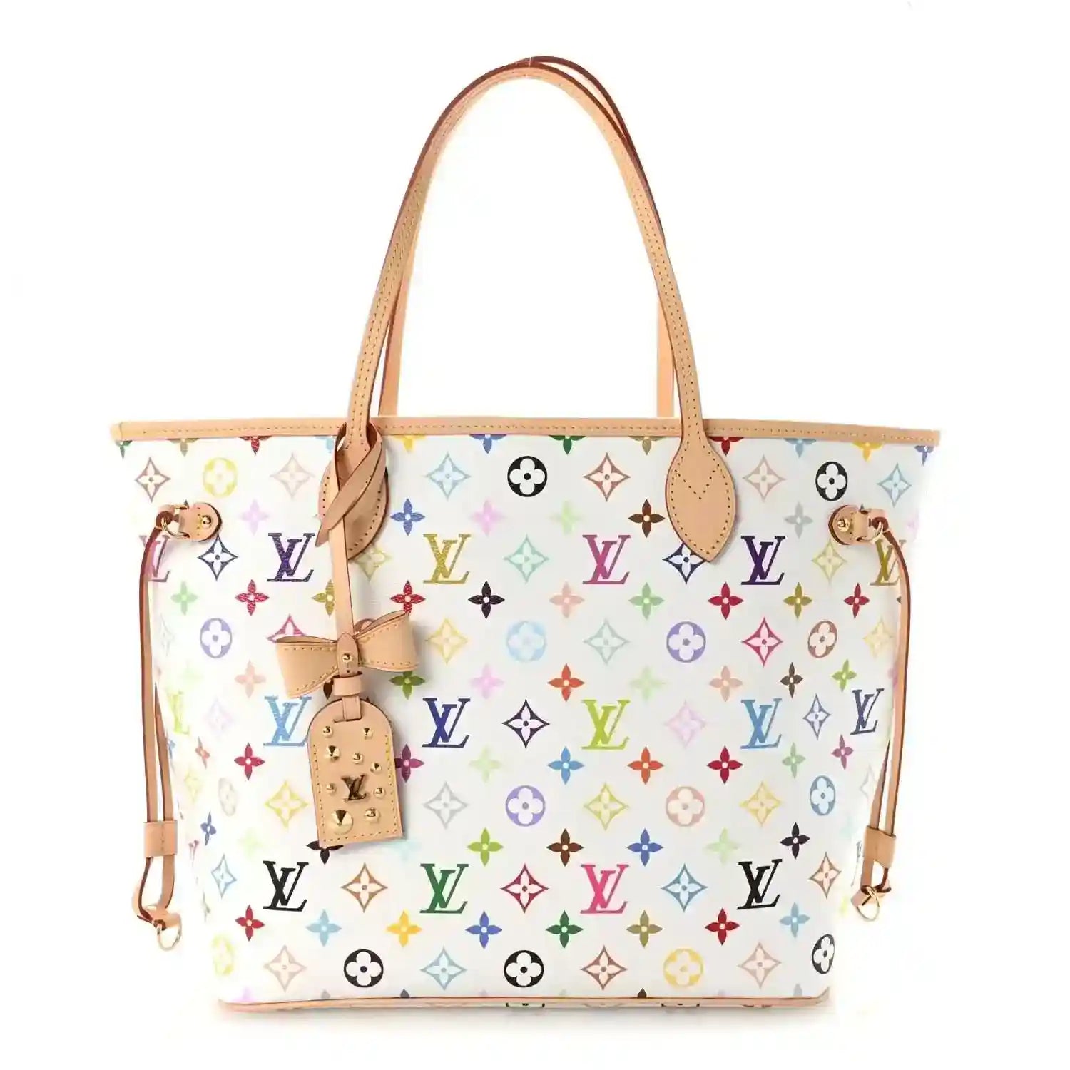 White multicolor monogram Neverfull MM tote with tan leather trim and top handles