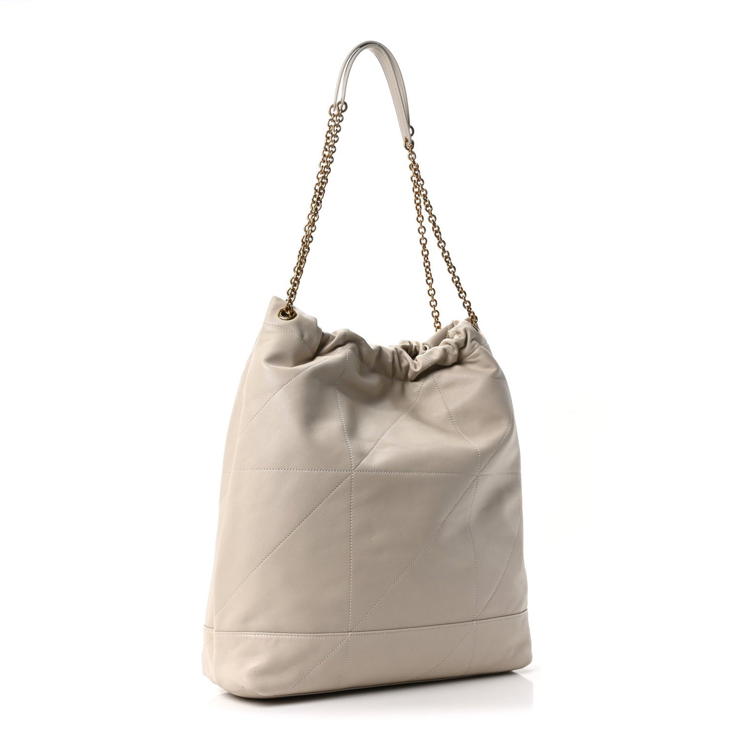 Off-white lambskin hobo bag with chain strap, drawstring top and YSL emblem