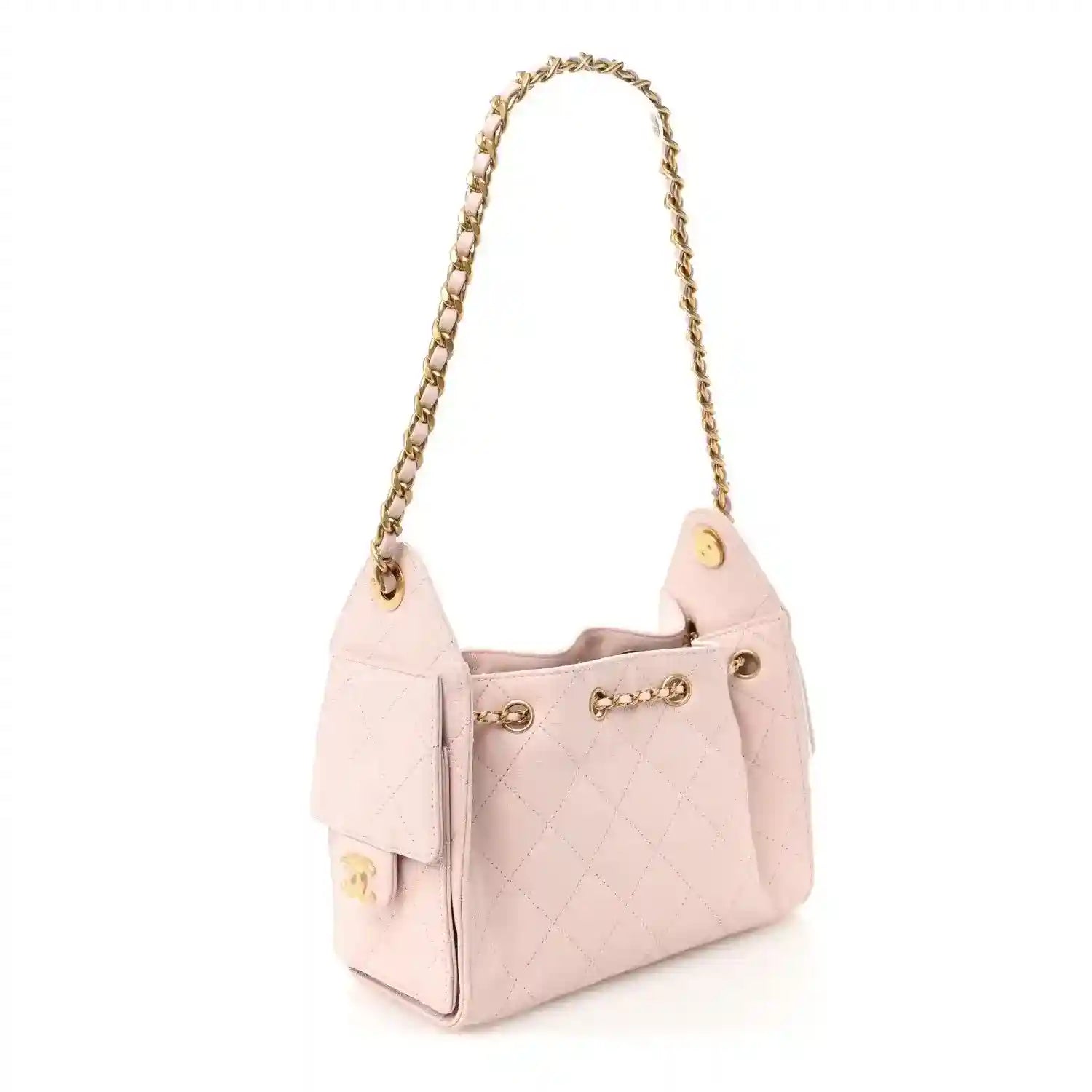 Chanel light pink quilted caviar mini 25 handbag with gold chain and front hardware