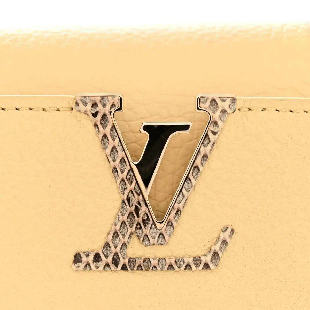 Louis Vuitton Mini Capucines handbag with V logo in snakeskin trim, beige