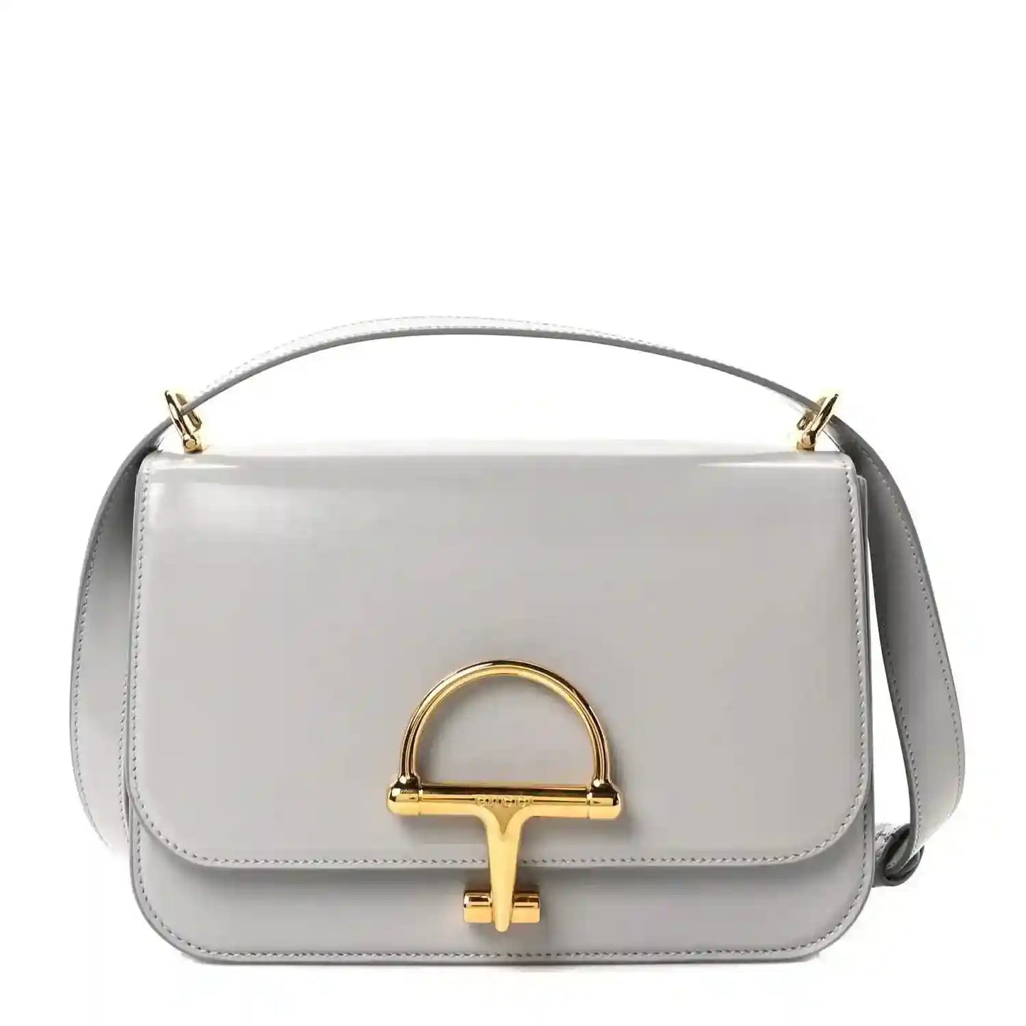 Small shoulder bag in light grey glossy calfskin with gold-tone clasp and chain strap