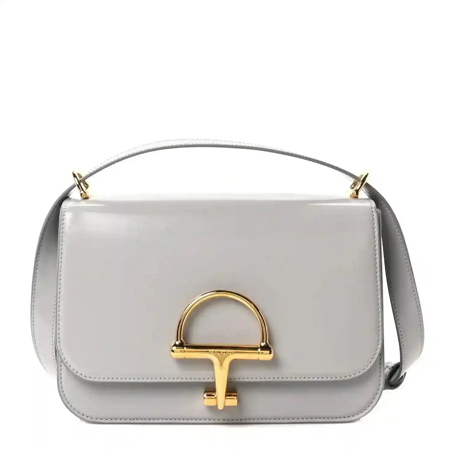 Small shoulder bag in light grey glossy calfskin with gold-tone clasp and chain strap