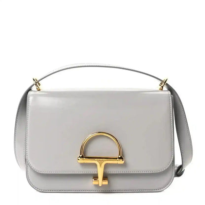 Small shoulder bag in light grey glossy calfskin with gold-tone clasp and chain strap