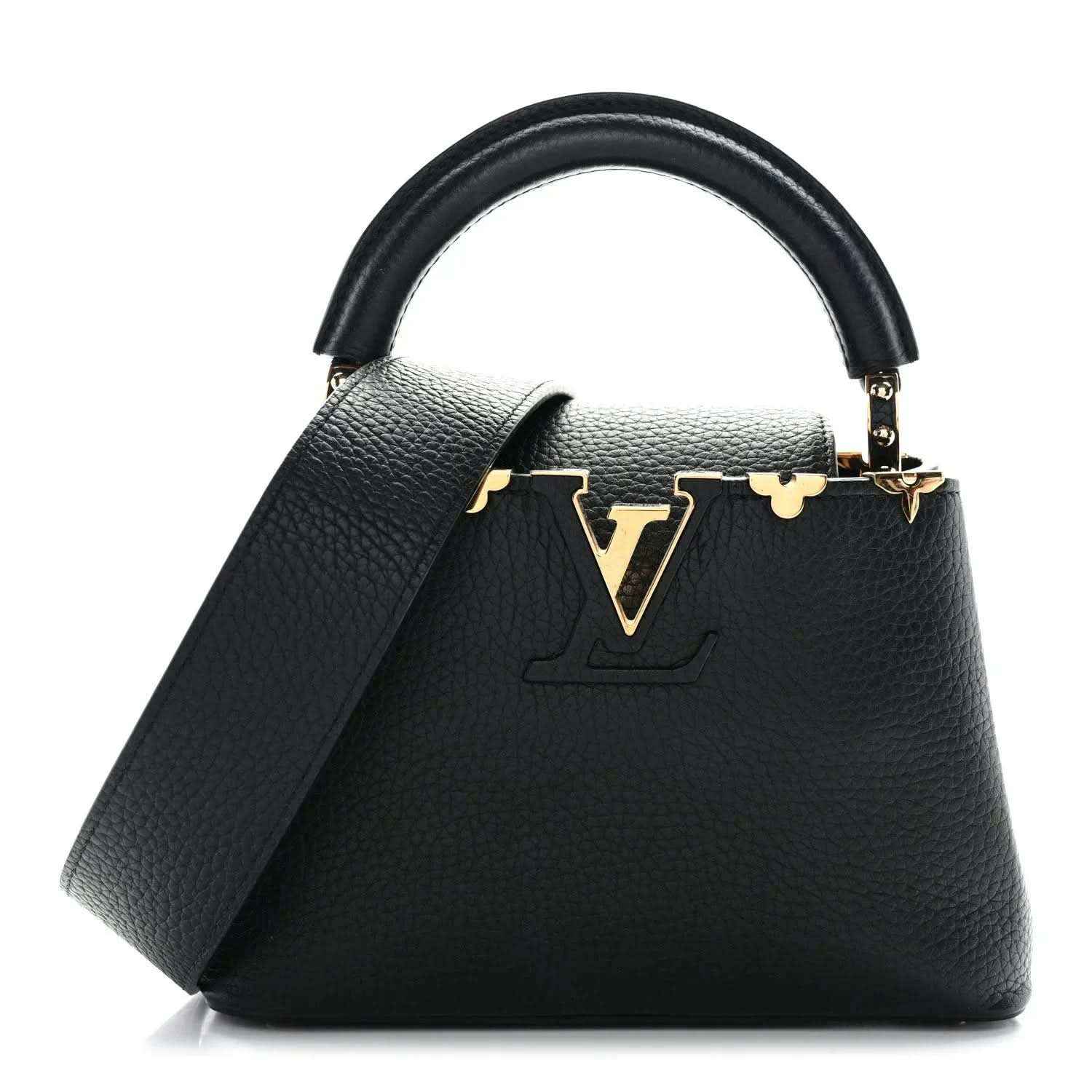 Black mini handbag with top handle and gold LV emblem