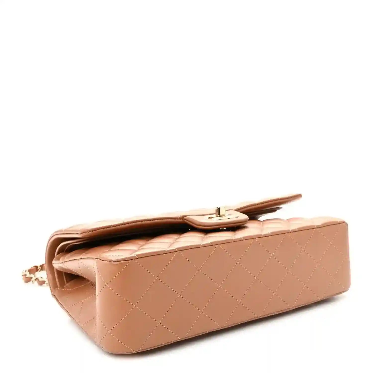 Chanel medium quilted lambskin double flap shoulder bag, tan-brown, side view