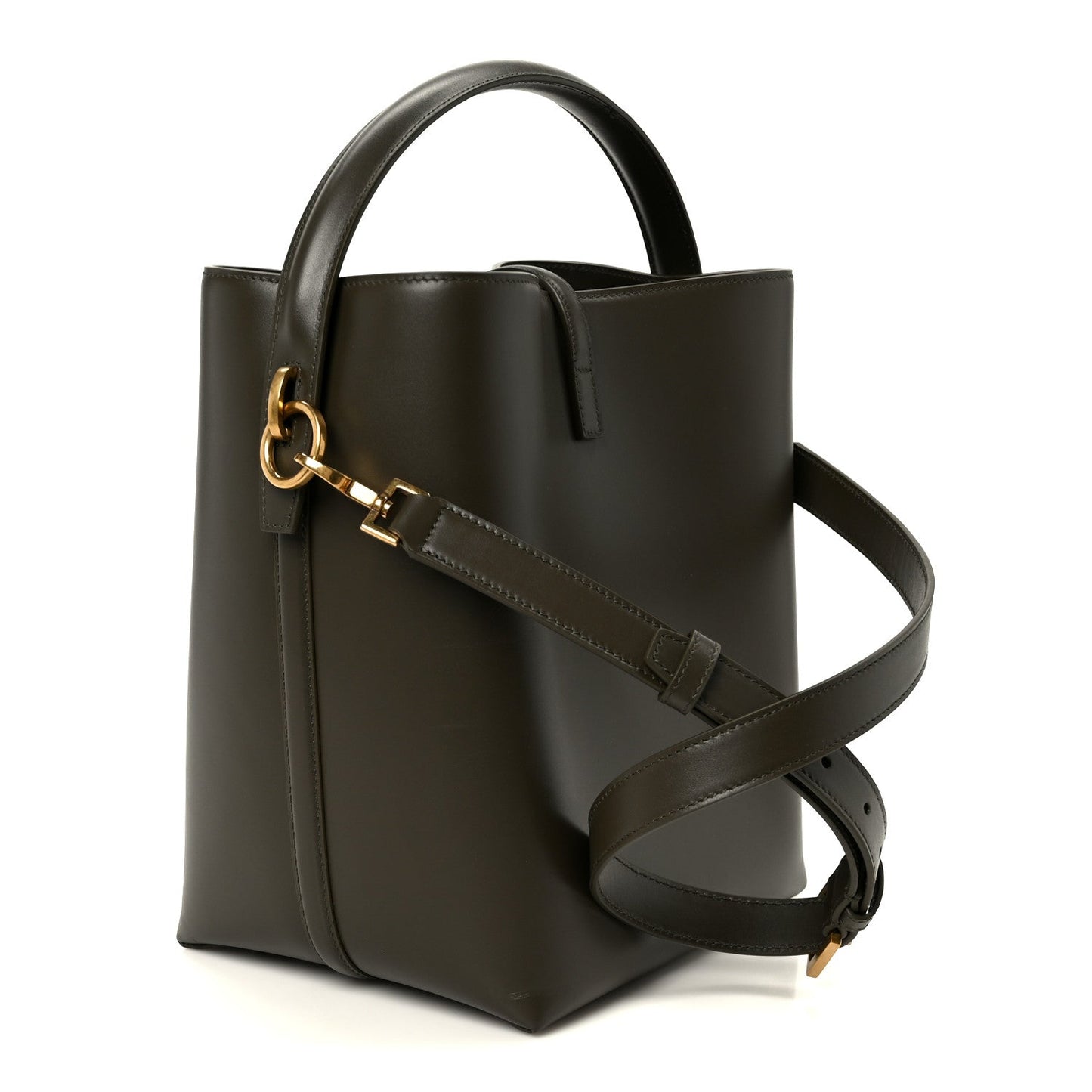 Shiny bucket bag with shoulder strap and gold clasp ring hardware, dark leather.