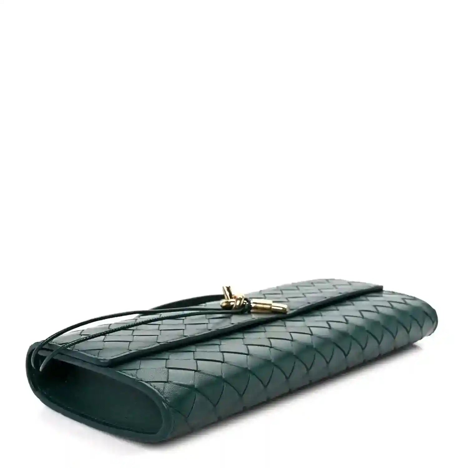 Emerald green intrecciato nappa long clutch bag side view with gold clasp hardware