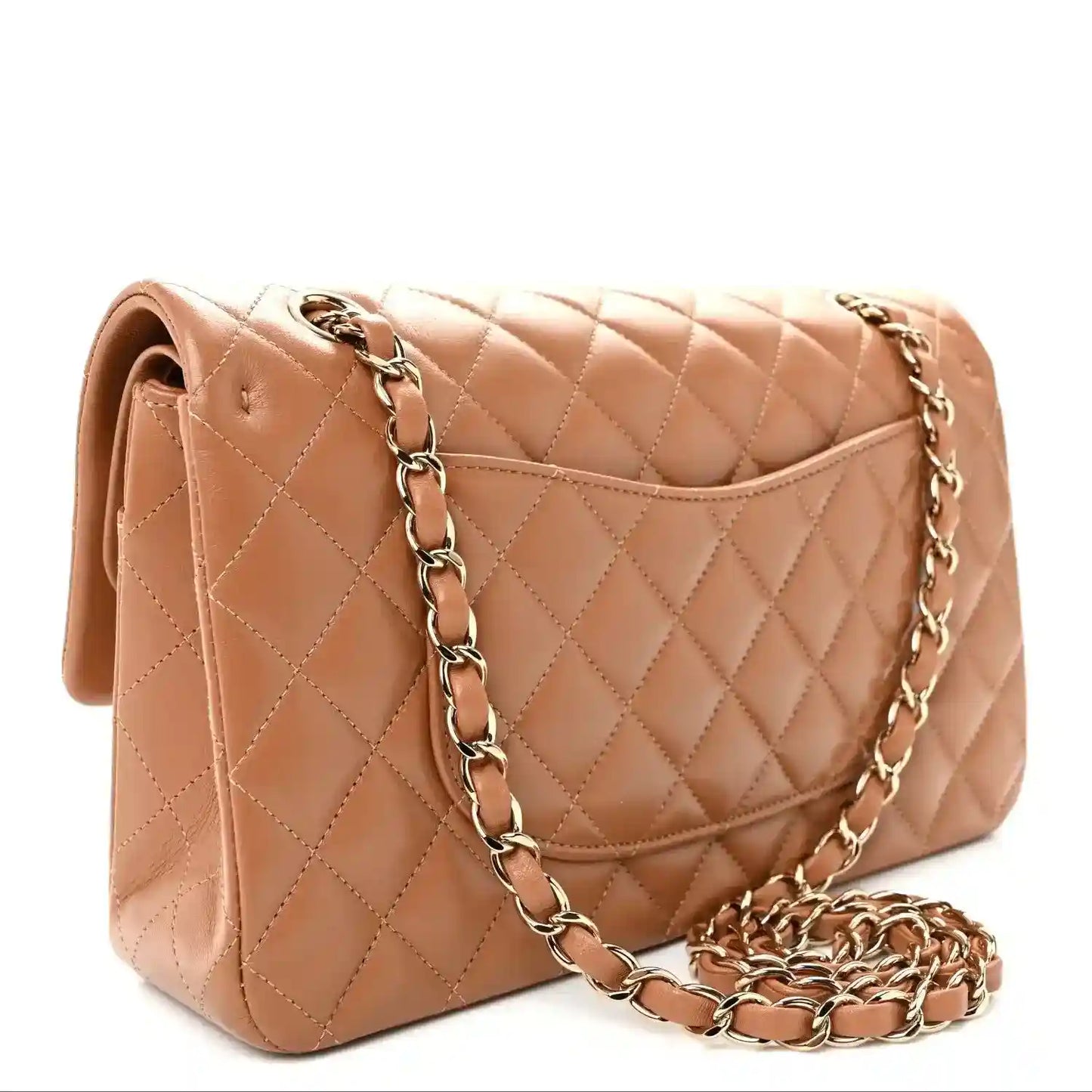 Chanel medium quilted lambskin double flap shoulder bag, tan-brown, chain strap