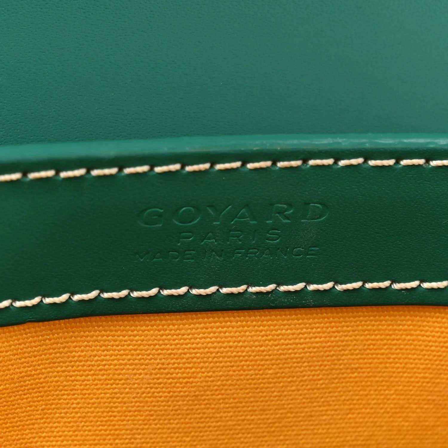 Green Goyardine Saigon PM strap with Goyard Paris engraving and white contrast stitching