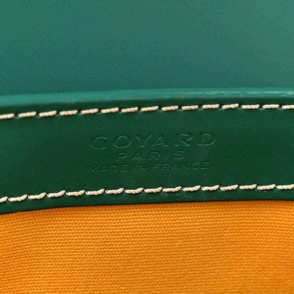 Green Goyardine Saigon PM strap with Goyard Paris engraving and white contrast stitching
