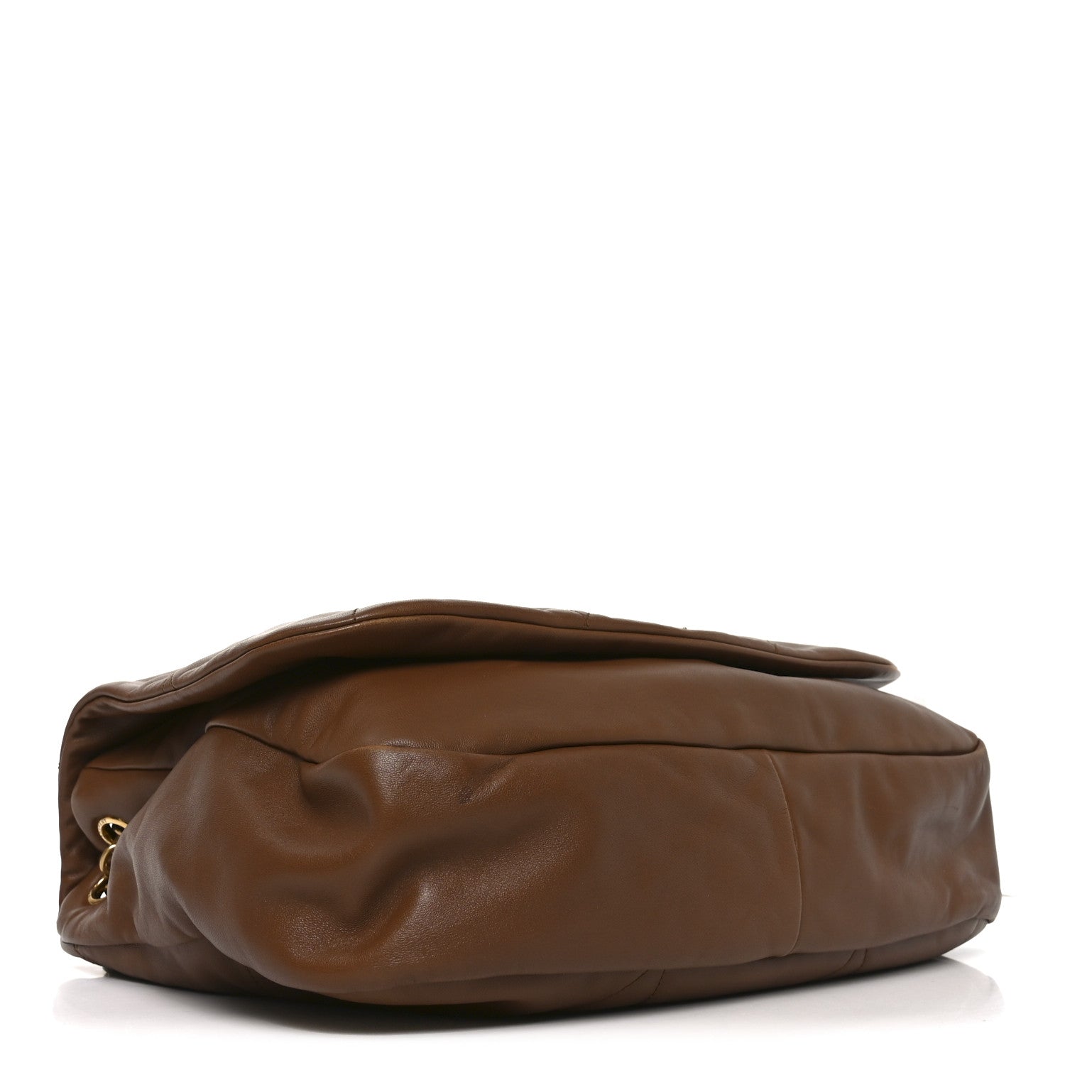 Light brown quilted lambskin shoulder bag shown from the side/back, chain strap