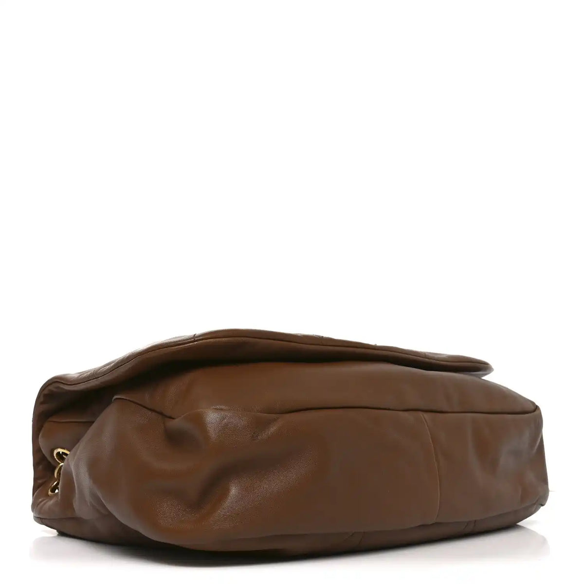 Light brown quilted lambskin shoulder bag shown from the side/back, chain strap