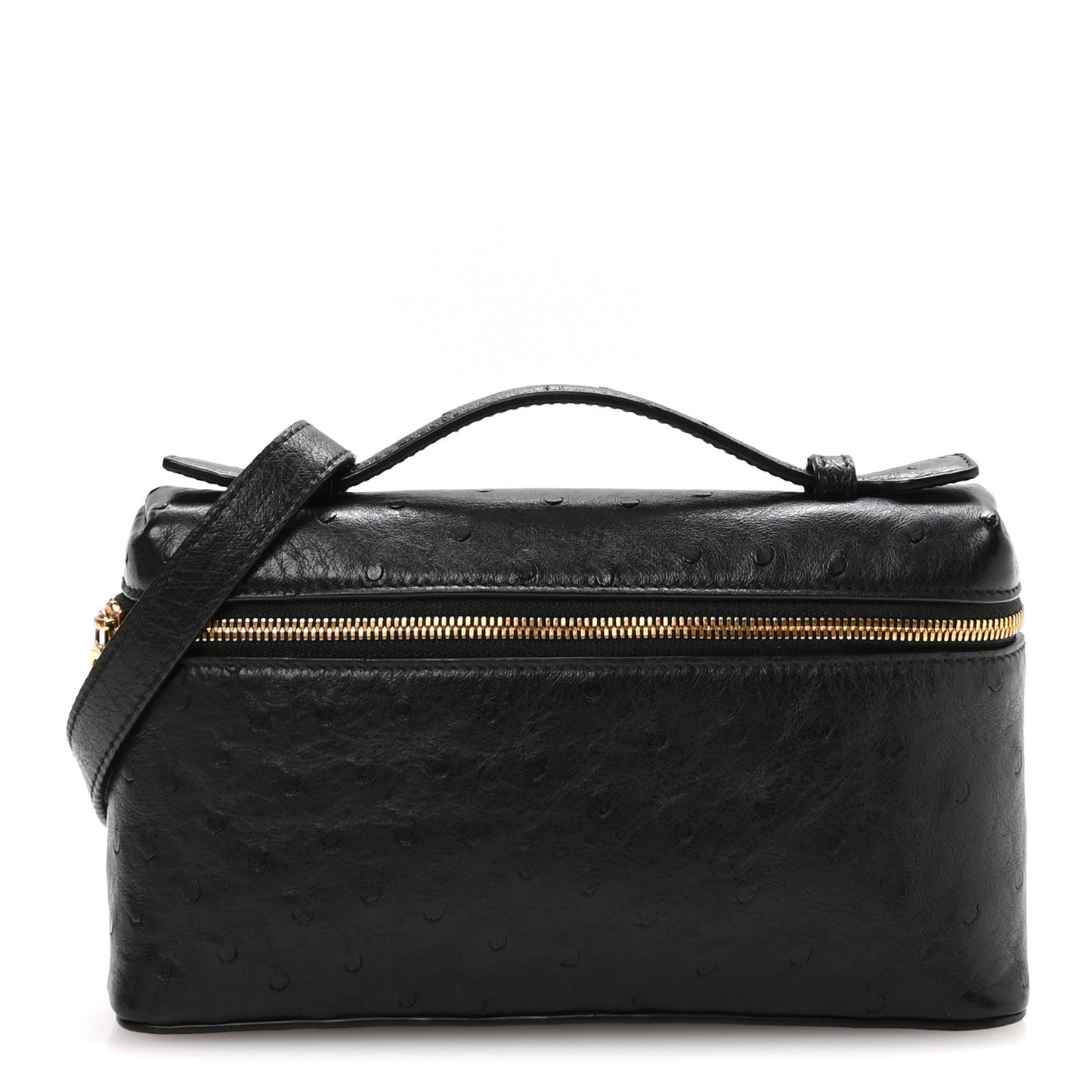 Black ostrich pocket pouch with top handle and gold-tone zipper closure
