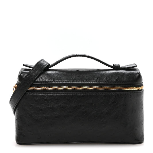 Black ostrich pocket pouch with top handle and gold-tone zipper closure
