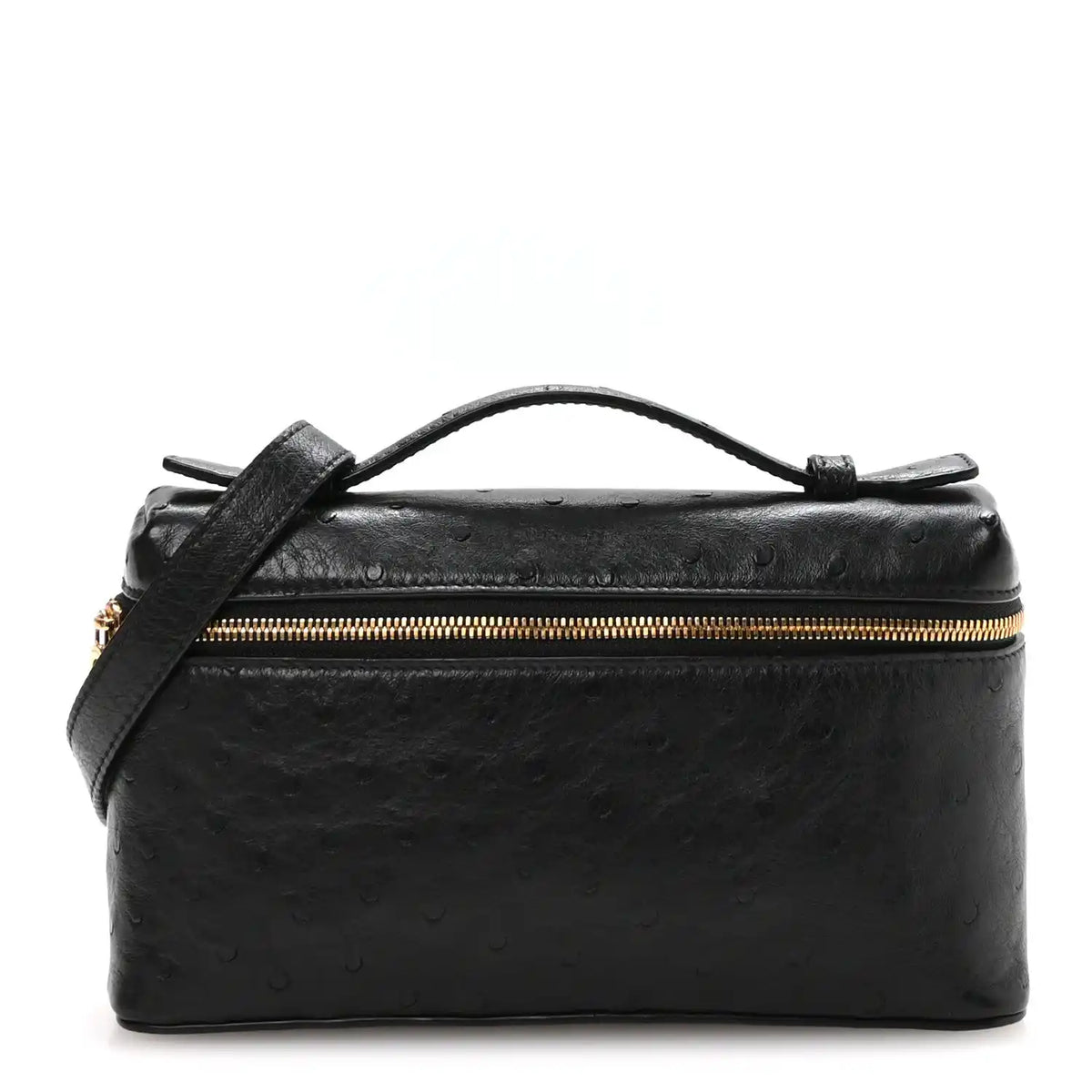 Black ostrich pocket pouch with top handle and gold-tone zipper closure