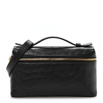 Black ostrich pocket pouch with top handle and gold-tone zipper closure