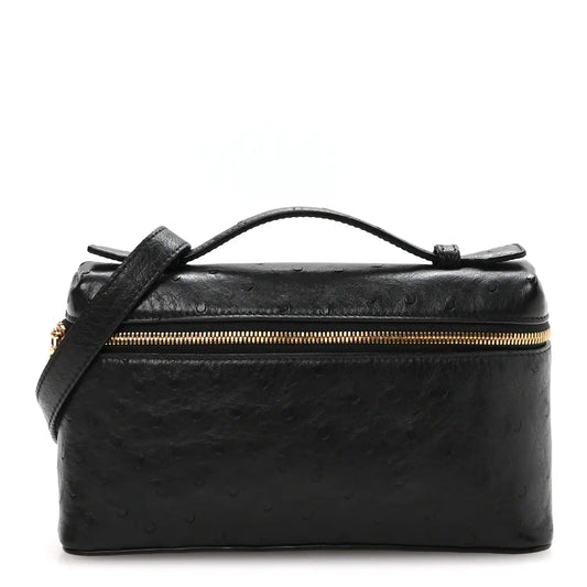 Black ostrich pocket pouch with top handle and gold-tone zipper closure