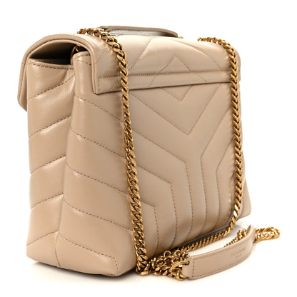 Dark beige quilted mini chain satchel with front flap and gold hardware