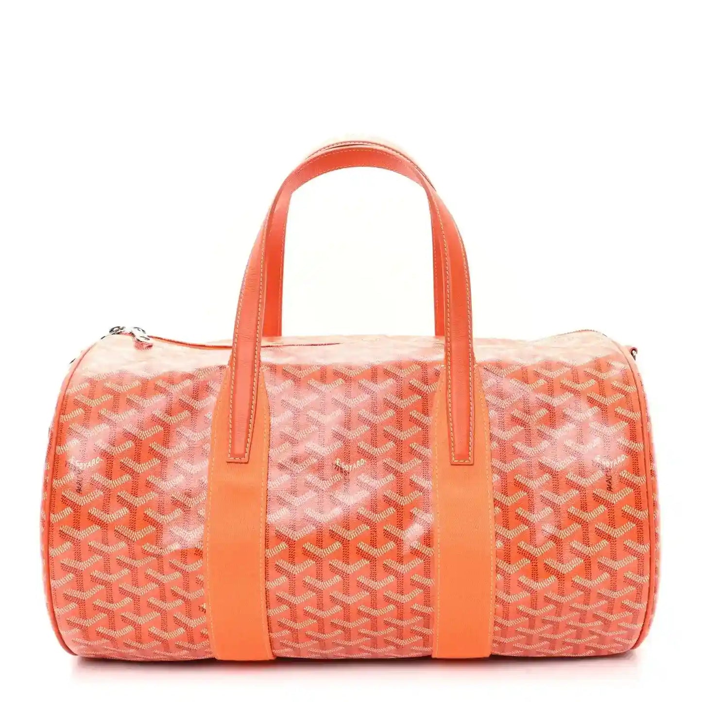 Orange monogram canvas barrel sports bag with top handles and zippered end pocket.