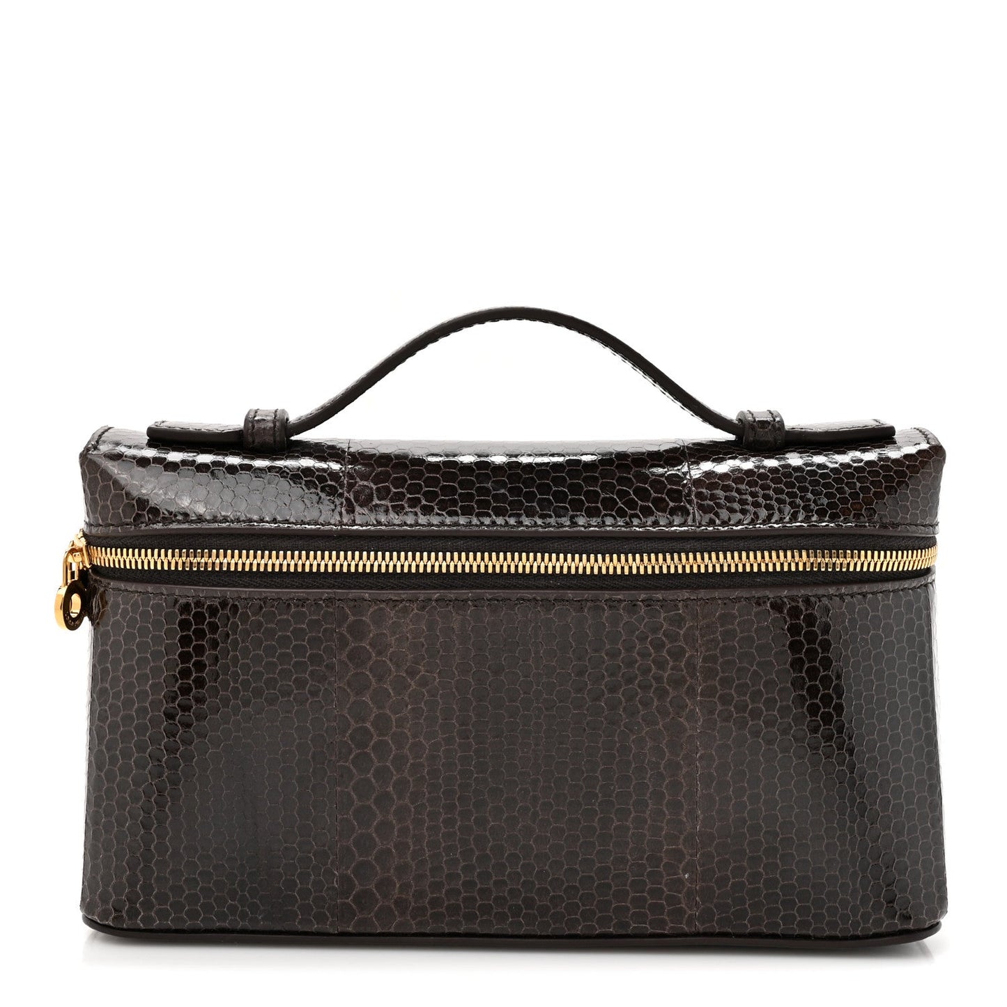 Loro Piana lizard leather extra pocket pouch with top handle and gold zipper, dark brown