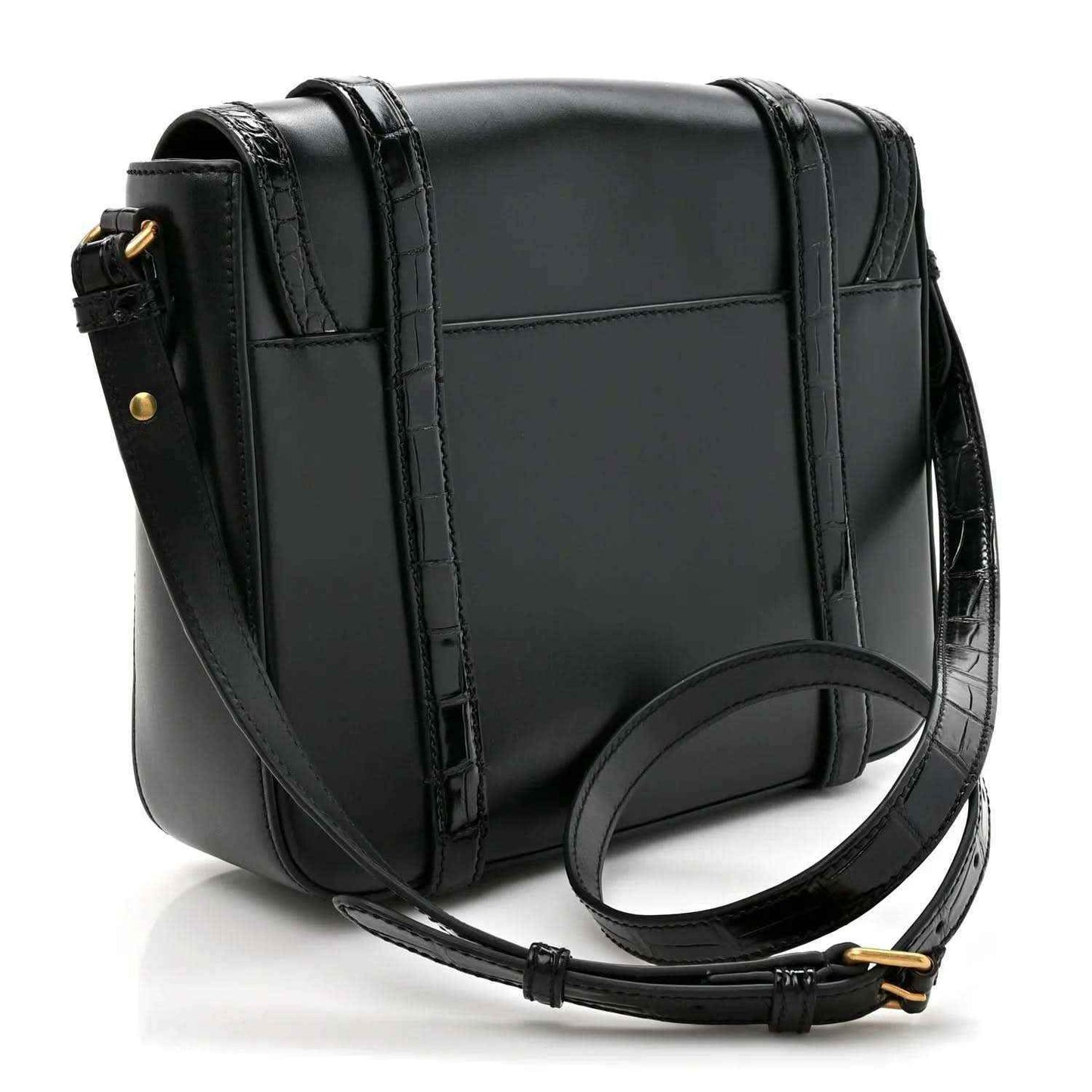 Black leather medium messenger bag with curved flap and adjustable strap