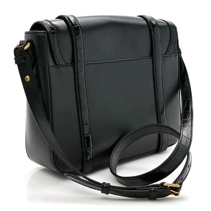 Black leather medium messenger bag with curved flap and adjustable strap