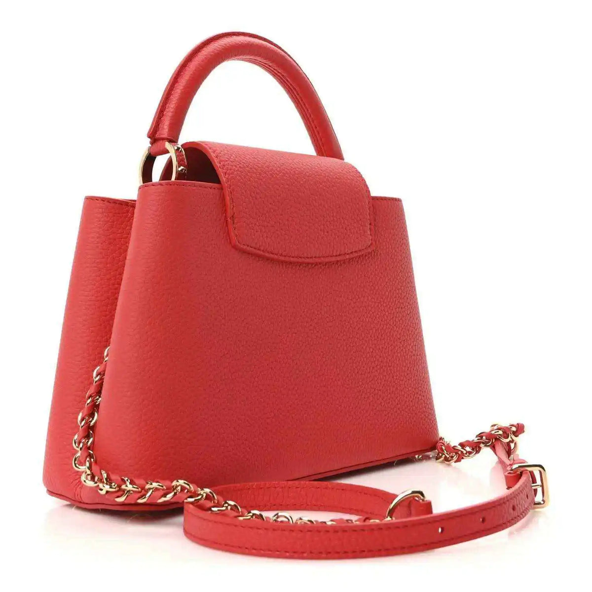 Red leather mini handbag with structured shape, gold hardware, and chain shoulder strap.